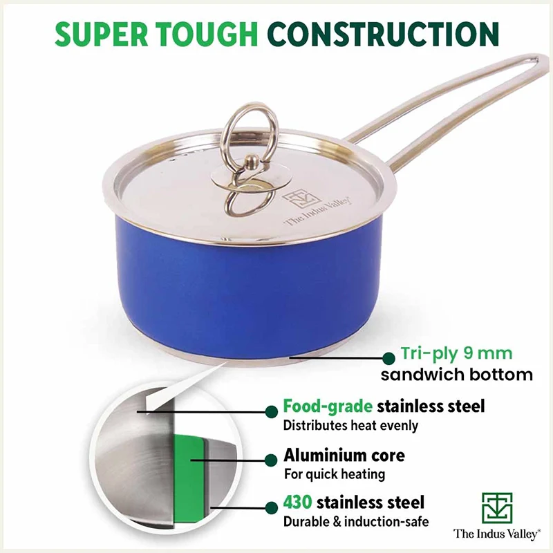 Tri-Steel Premium Stainless Steel Saucepan/ Milk/ Tea Pan, Tri-ply (3 Layer) Induction Bottom, Steel Lid, 1.4L, Blue