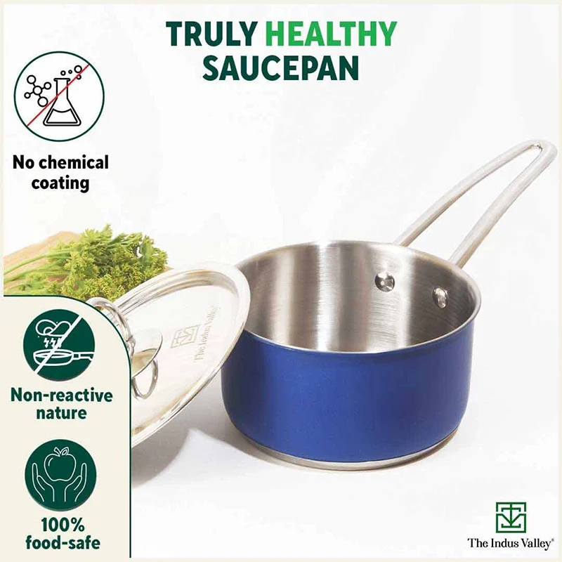 Tri-Steel Premium Stainless Steel Saucepan/ Milk/ Tea Pan, Tri-ply (3 Layer) Induction Bottom, Steel Lid, 1.4L, Blue