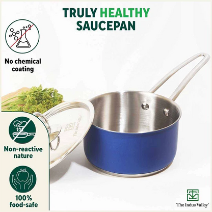Tri-Steel Premium Stainless Steel Saucepan/ Milk/ Tea Pan, Tri-ply (3 Layer) Induction Bottom, Steel Lid, 1.4L, Blue