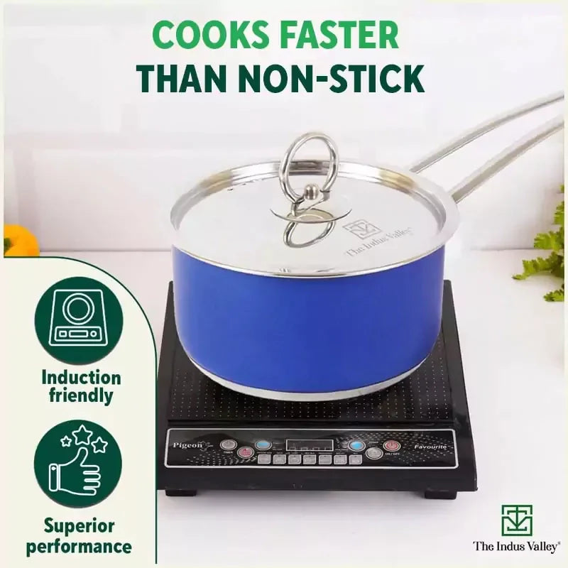 Tri-Steel Premium Stainless Steel Saucepan/ Milk/ Tea Pan, Tri-ply (3 Layer) Induction Bottom, Steel Lid, 1.4L, Blue