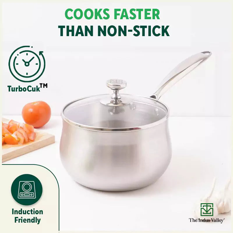 TurboCuk Tri-ply Stainless Steel Saucepan/ Milk/ Tea Pan+ Glass Lid, Premium Quality, 3 Layer Thick Body, 100% Toxin-free, Non-stick,  Induction & Gas, 1.5/3.5L