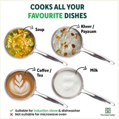 TurboCuk Tri-ply Stainless Steel Saucepan/ Milk/ Tea Pan+ Glass Lid, Premium Quality, 3 Layer Thick Body, 100% Toxin-free, Non-stick,  Induction & Gas, 1.5/3.5L