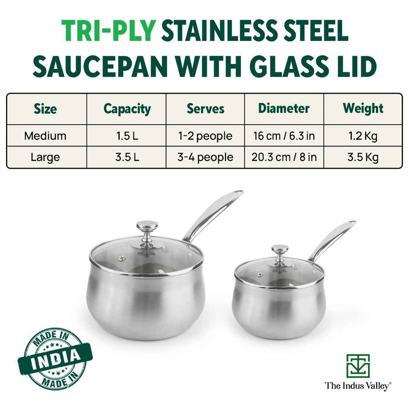 TurboCuk Tri-ply Stainless Steel Saucepan/ Milk/ Tea Pan+ Glass Lid, Premium Quality, 3 Layer Thick Body, 100% Toxin-free, Non-stick,  Induction & Gas, 1.5/3.5L