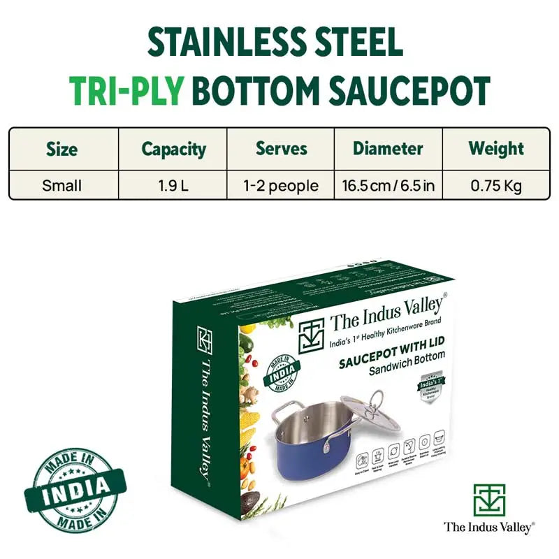 Tri-Steel Premium Stainless Steel Casserole/ Saucepot with Steel Lid, Tri-ply (3 Layer) Induction Bottom, 1.9L, Blue