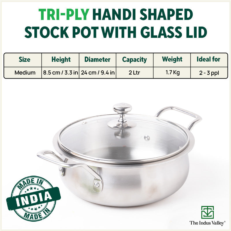 TurboCuk Tri-ply Biryani Cooking Pot/Casserole+ Glass Lid, Wide Handi Shape, Premium Quality, 3 Layer Thick Body, 100% Toxin-free, Non-stick, Induction & Gas, 2L
