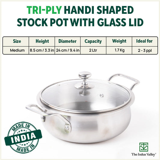 TurboCuk Tri-ply Biryani Cooking Pot/Casserole+ Glass Lid, Wide Handi Shape, Premium Quality, 3 Layer Thick Body, 100% Toxin-free, Non-stick, Induction & Gas, 2L