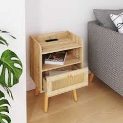 Scandinavian Wooden Bedside Table with Cane Drawer & Open Shelf