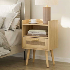 Scandinavian Wooden Bedside Table with Cane Drawer & Open Shelf