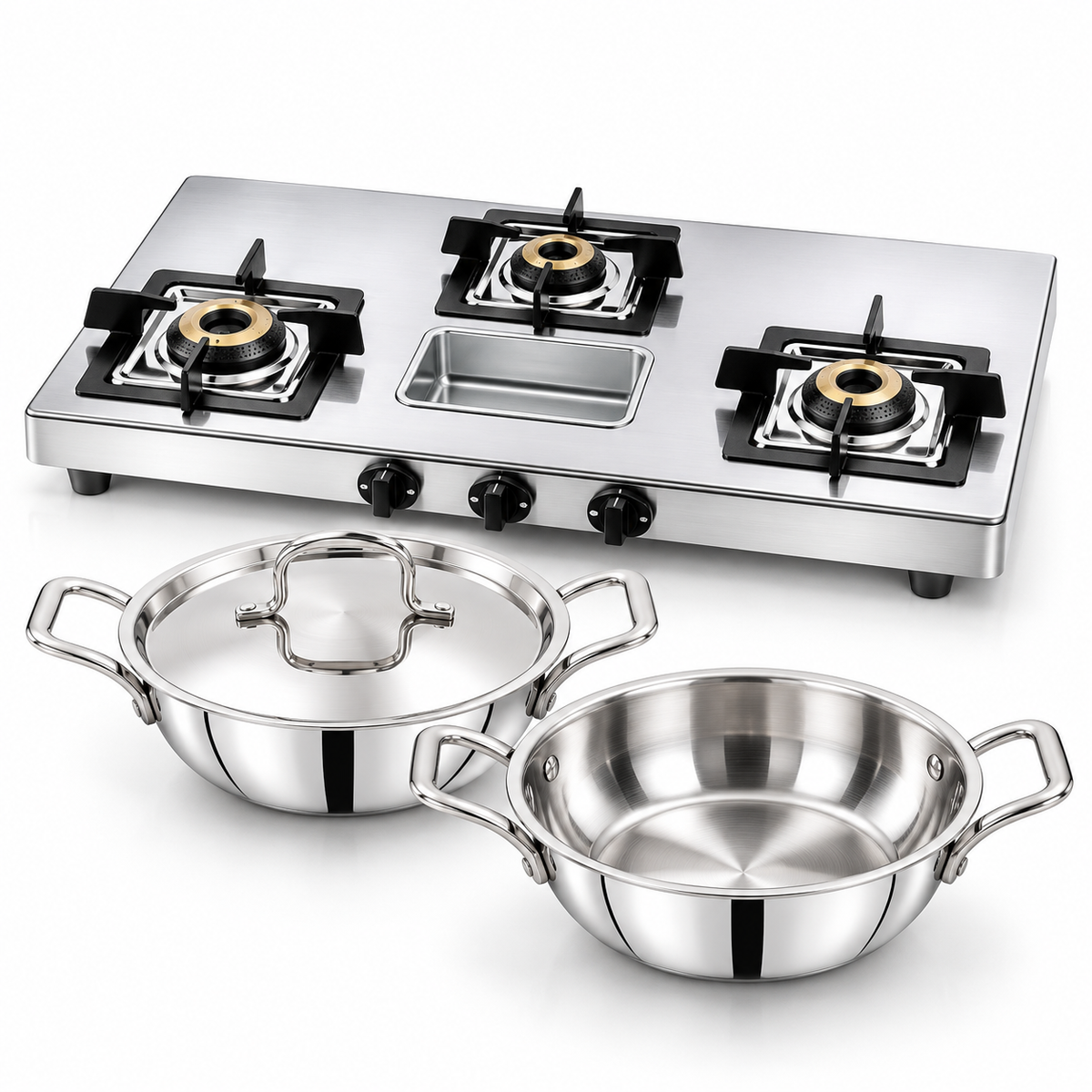 Prestige Stellora 3 Burner Stove + Triply Kadai Set Combo-1