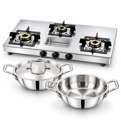 Prestige Stellora 3 Burner Stove + Triply Kadai Set Combo-1