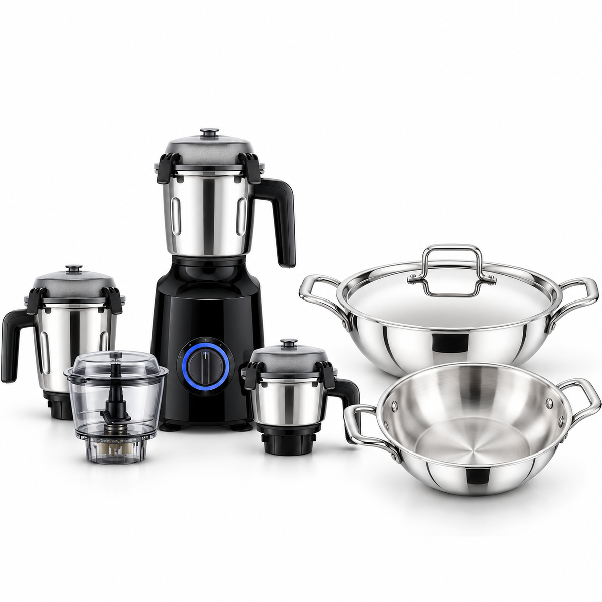 Atomberg Masala & Triply Kadai Combo | Zenova BLDC Mixer + Praylady 22 & 24 cm Kadai Set-3