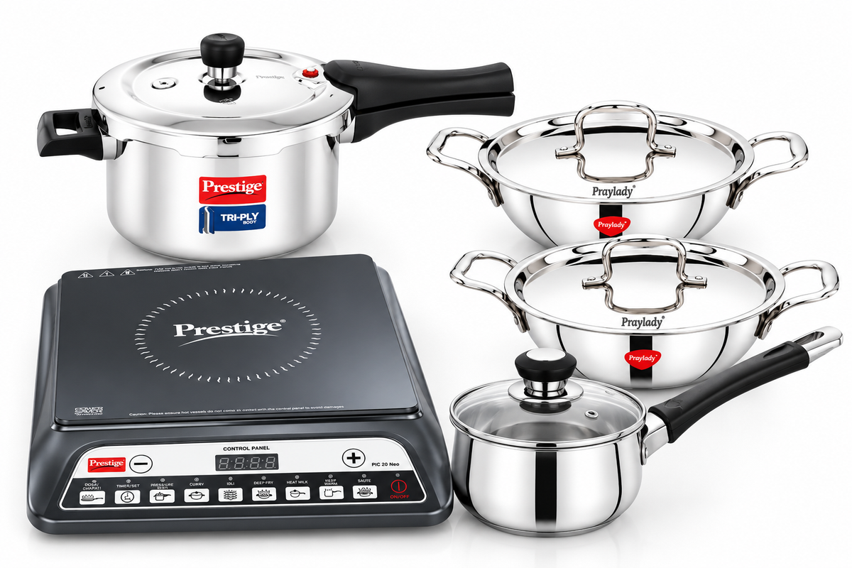 Induction Kitchen Starter Combo | Prestige PIC 20 Neo 1600 W Induction Cooktop + Prestige Svachh Triply 3 L Cooker + Praylady Triplus+ Triply Kadai Set 22 & 24 cm + Praylady Ecstasy 3-Ply Base Saucepan