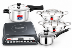 Induction Kitchen Starter Combo | Prestige PIC 20 Neo 1600 W Induction Cooktop + Prestige Svachh Triply 3 L Cooker + Praylady Triplus+ Triply Kadai Set 22 & 24 cm + Praylady Ecstasy 3-Ply Base Saucepan-1