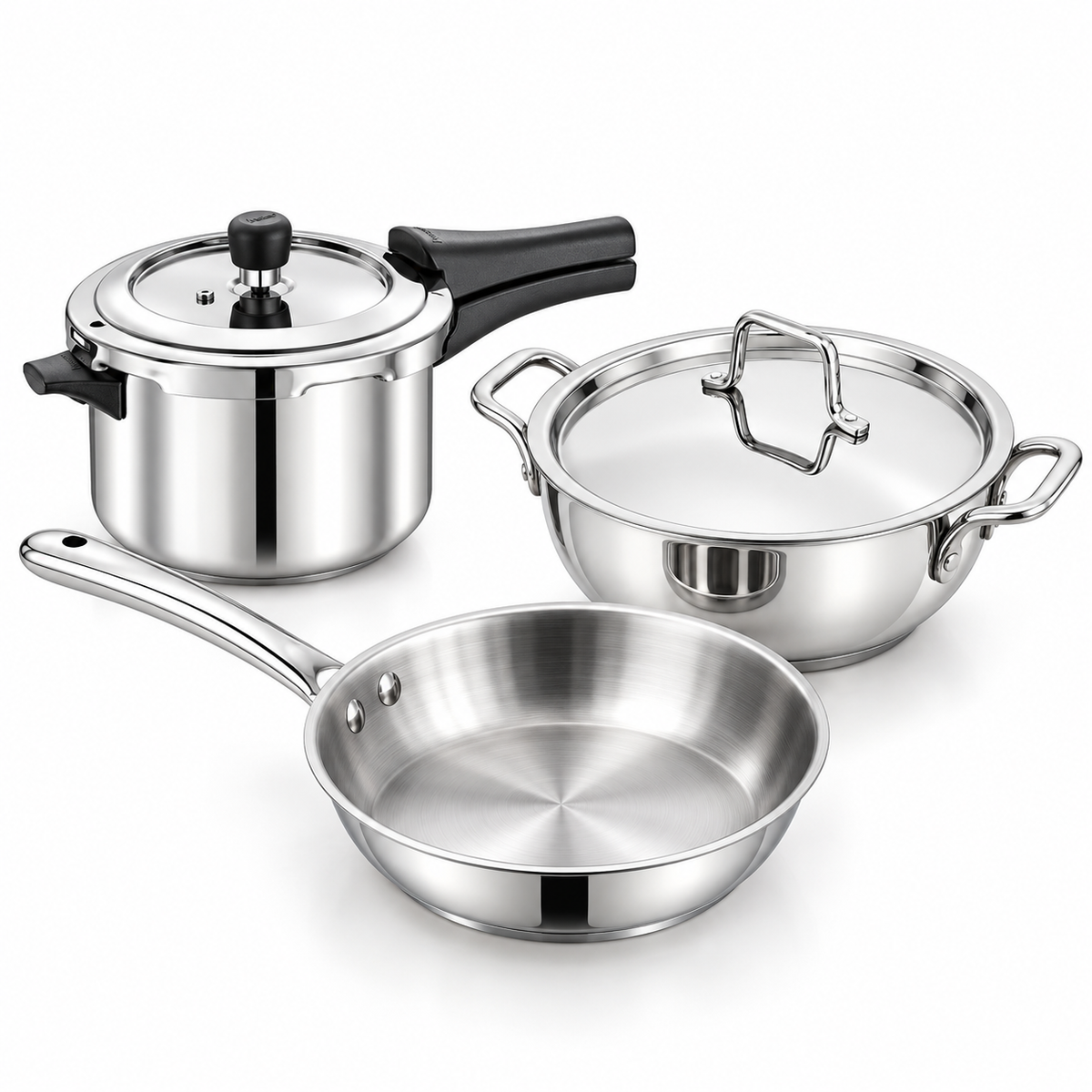 Small Family Cook Set | Praylady Triplus Triply 3 pc + Prestige Popular Svachh SS Cooker 2 L