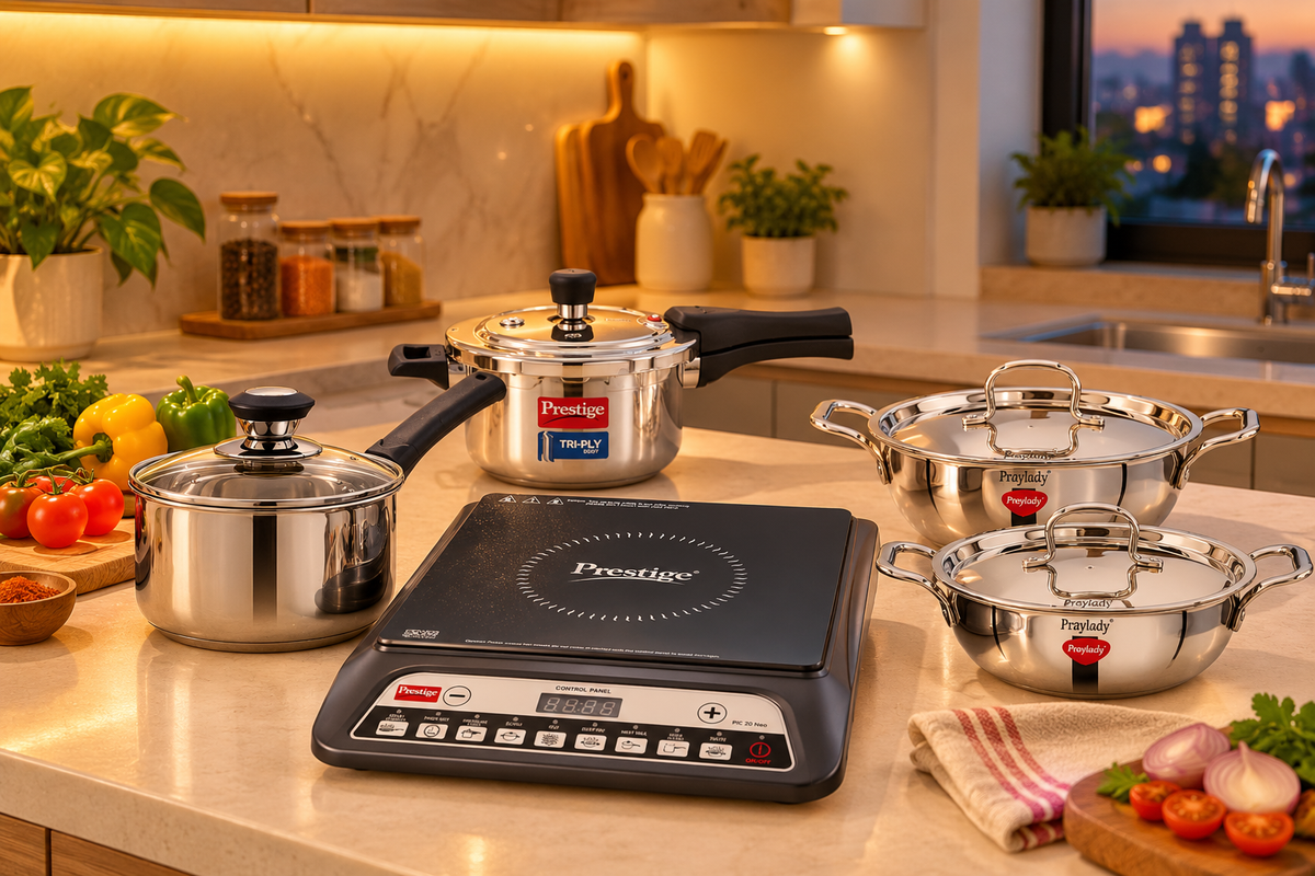 Induction Kitchen Starter Combo | Prestige PIC 20 Neo 1600 W Induction Cooktop + Prestige Svachh Triply 3 L Cooker + Praylady Triplus+ Triply Kadai Set 22 & 24 cm + Praylady Ecstasy 3-Ply Base Saucepan-2