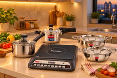 Induction Kitchen Starter Combo | Prestige PIC 20 Neo 1600 W Induction Cooktop + Prestige Svachh Triply 3 L Cooker + Praylady Triplus+ Triply Kadai Set 22 & 24 cm + Praylady Ecstasy 3-Ply Base Saucepan-2