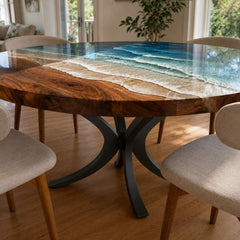 Custom Home Made Luxury Round Ocean Wave Epoxy Resin Dining Table with Black Metal Legs, River Kitchen Table | Natural Solid Wood, Blue Ocean Waves Epoxy Resin