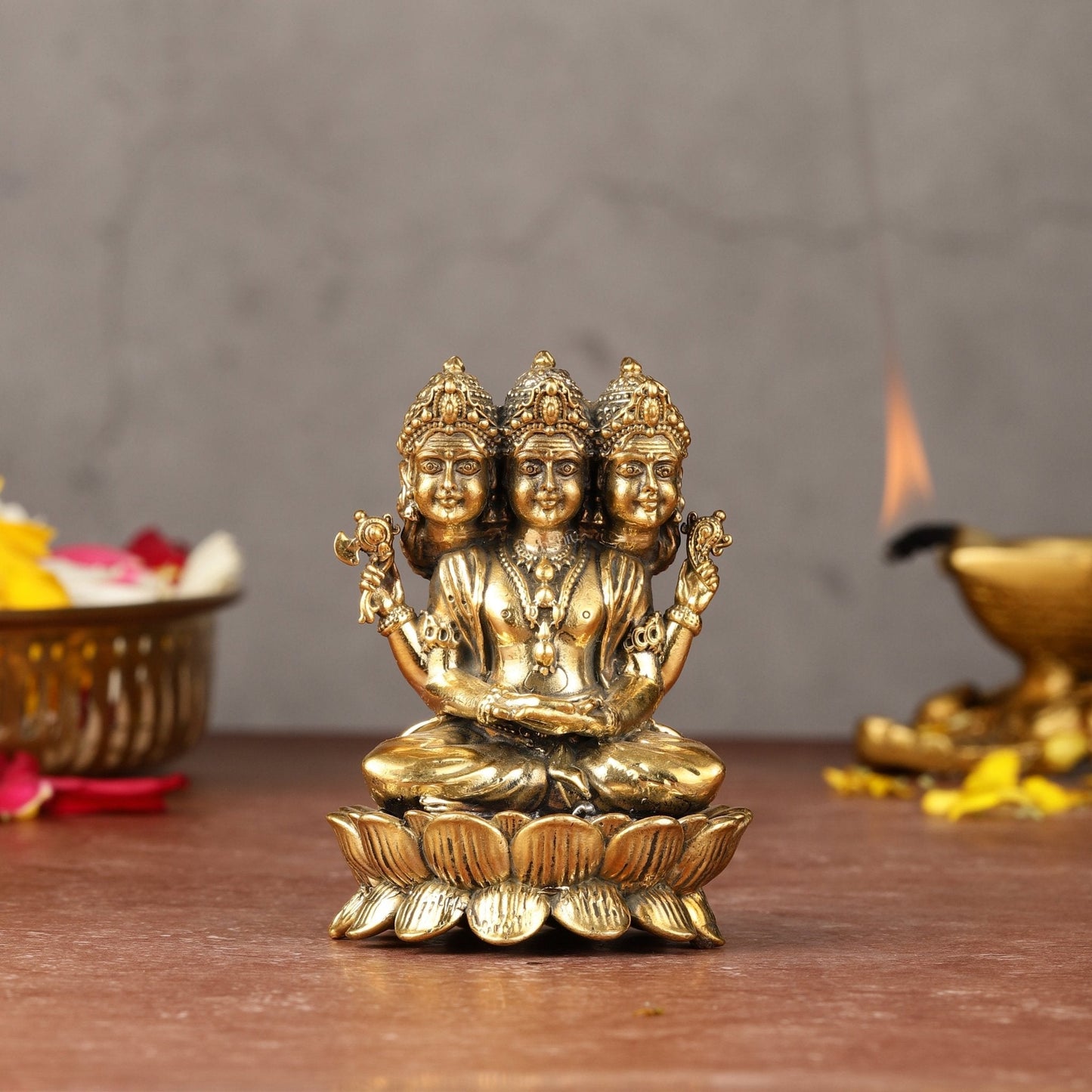 Seated Lord Brahma Lightweight Brass Idol - 3.5-inch