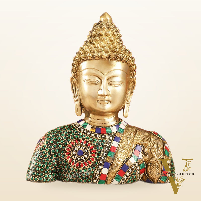 Serene Brass Buddha Bust Statue | Intricate Detailing | 11"