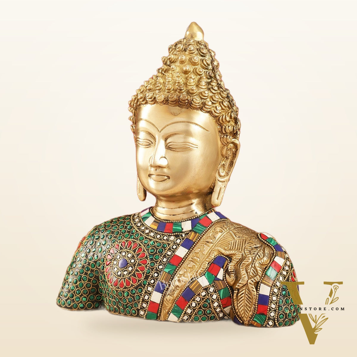 Serene Brass Buddha Bust Statue | Intricate Detailing | 11"