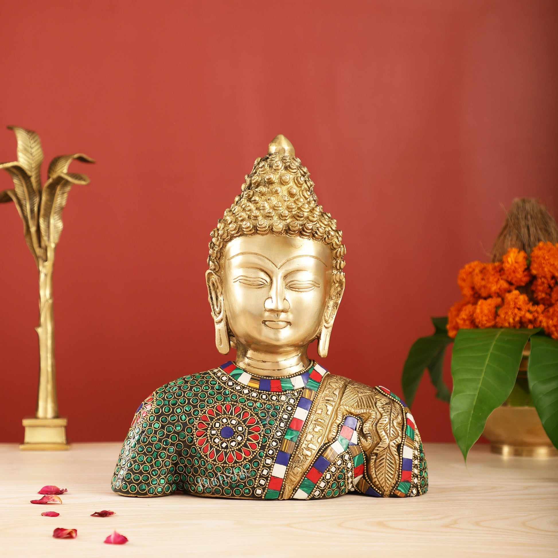 Serene Brass Buddha Bust Statue | Intricate Detailing | 11"