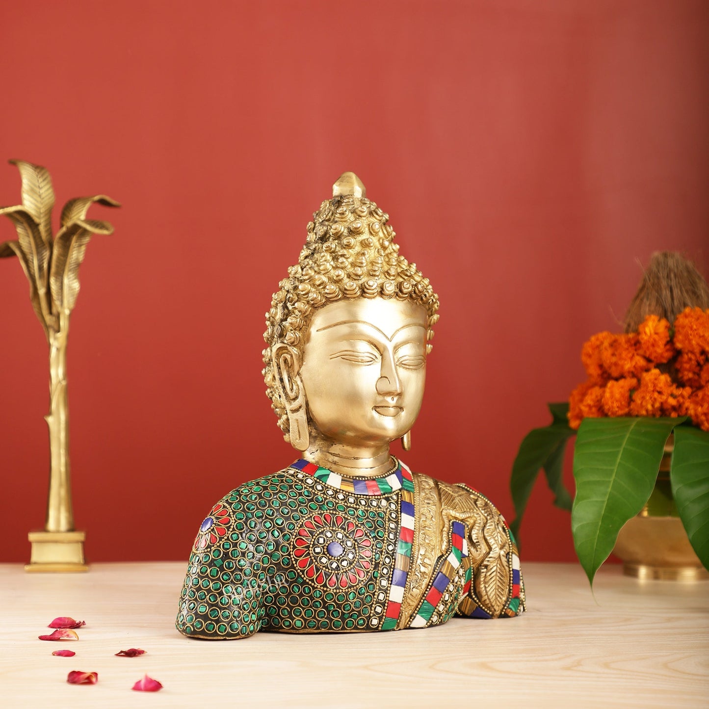 Serene Brass Buddha Bust Statue | Intricate Detailing | 11"