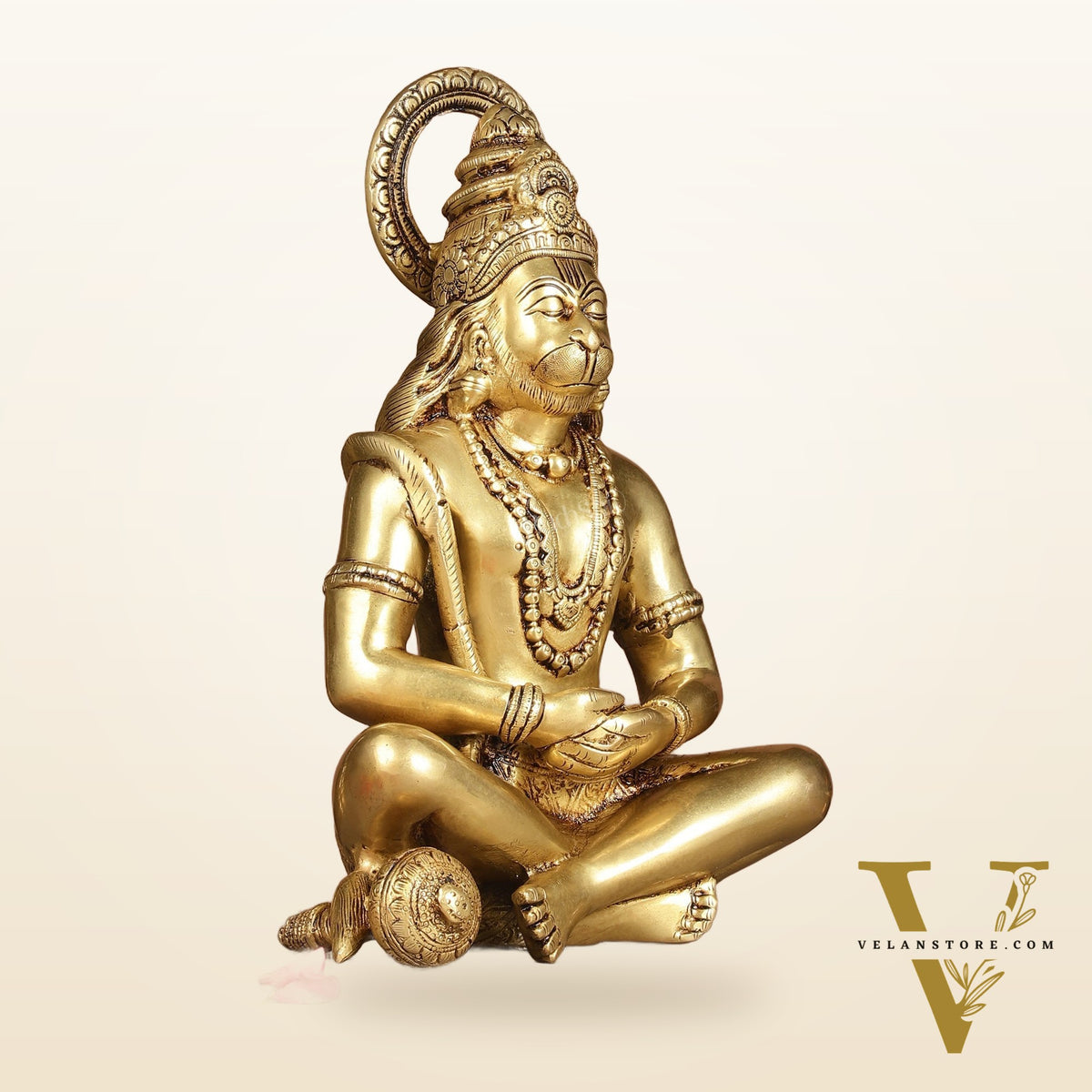 Serene Brass Hanuman Idol in Meditation - 12 inch