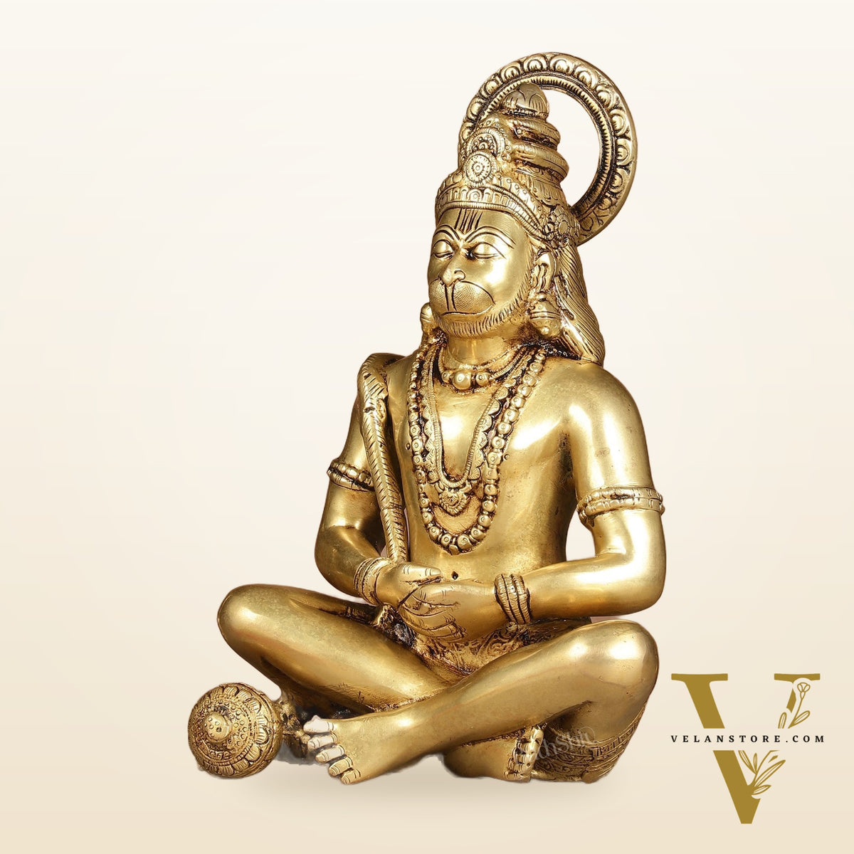 Serene Brass Hanuman Idol in Meditation - 12 inch