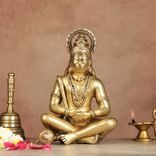 Serene Brass Hanuman Idol in Meditation - 12 inch