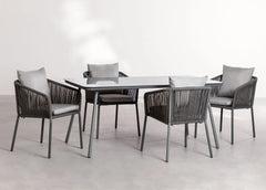 Faustino Outdoor Patio Dining Seating Set 4 Chairs and 1 Table Set Braided & Rope