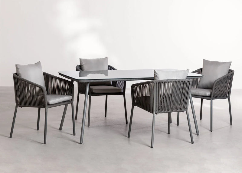 Faustino Outdoor Patio Dining Seating Set 4 Chairs and 1 Table Set Braided & Rope