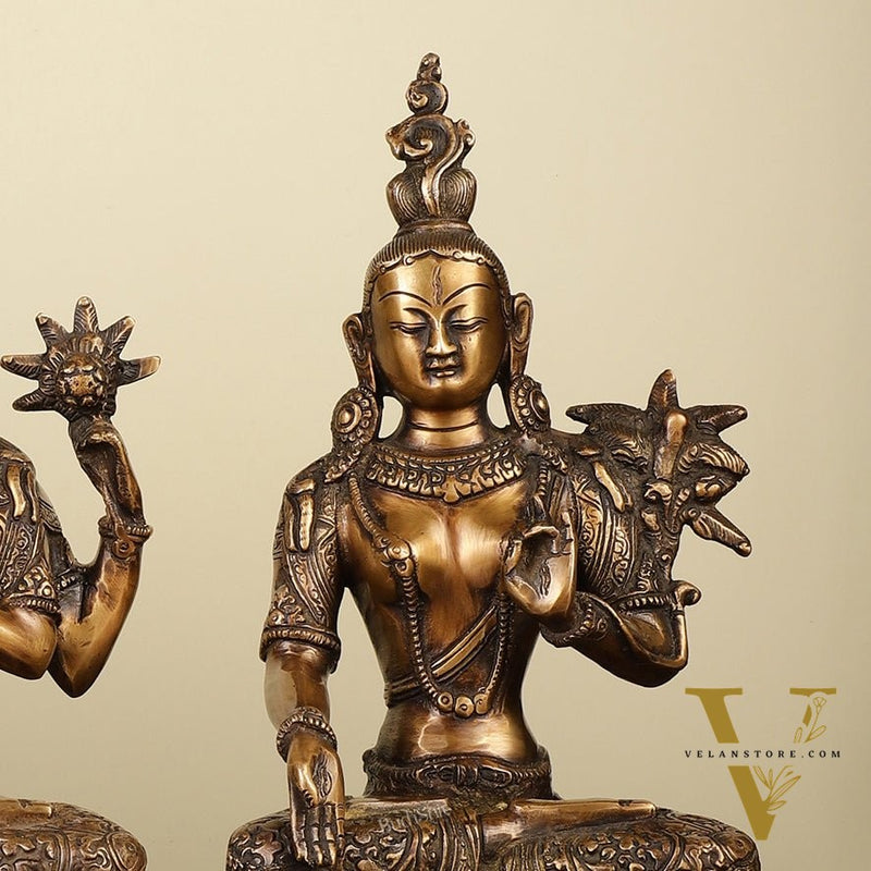 Set of 3 - White Tara, Green Tara and Chenrezig Brass Idols 10.5"