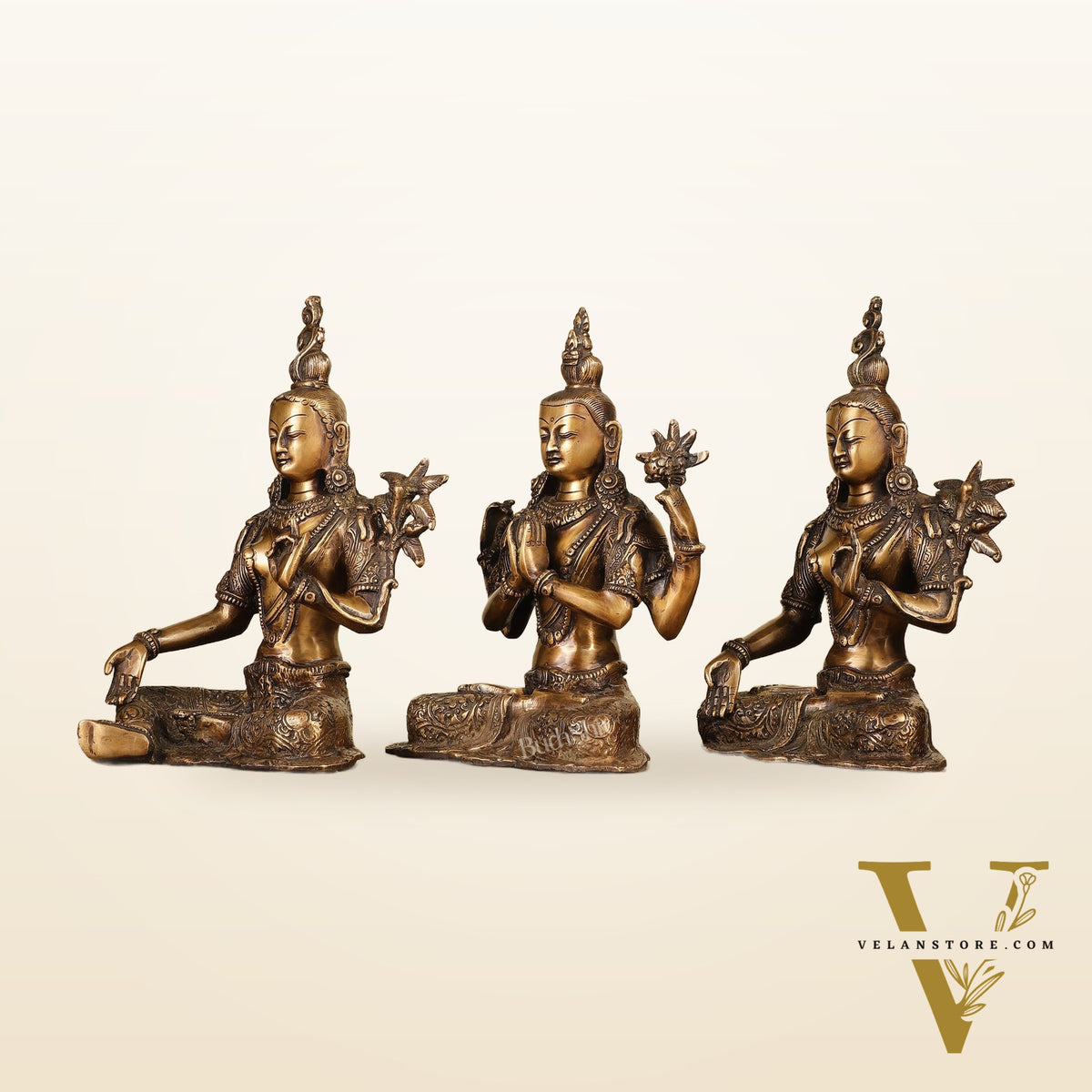 Set of 3 - White Tara, Green Tara and Chenrezig Brass Idols 10.5"