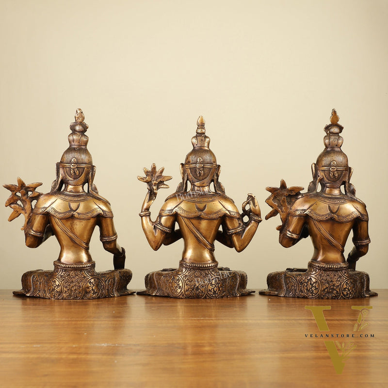 Set of 3 - White Tara, Green Tara and Chenrezig Brass Idols 10.5"