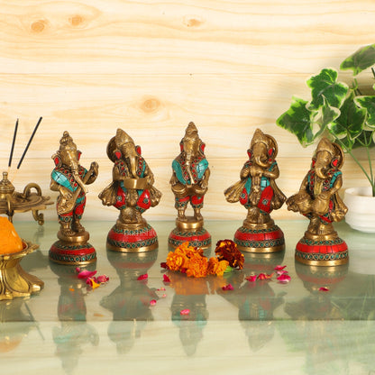 Set of 5 Musical Ganesha Idols - Playing Different Instruments 6"