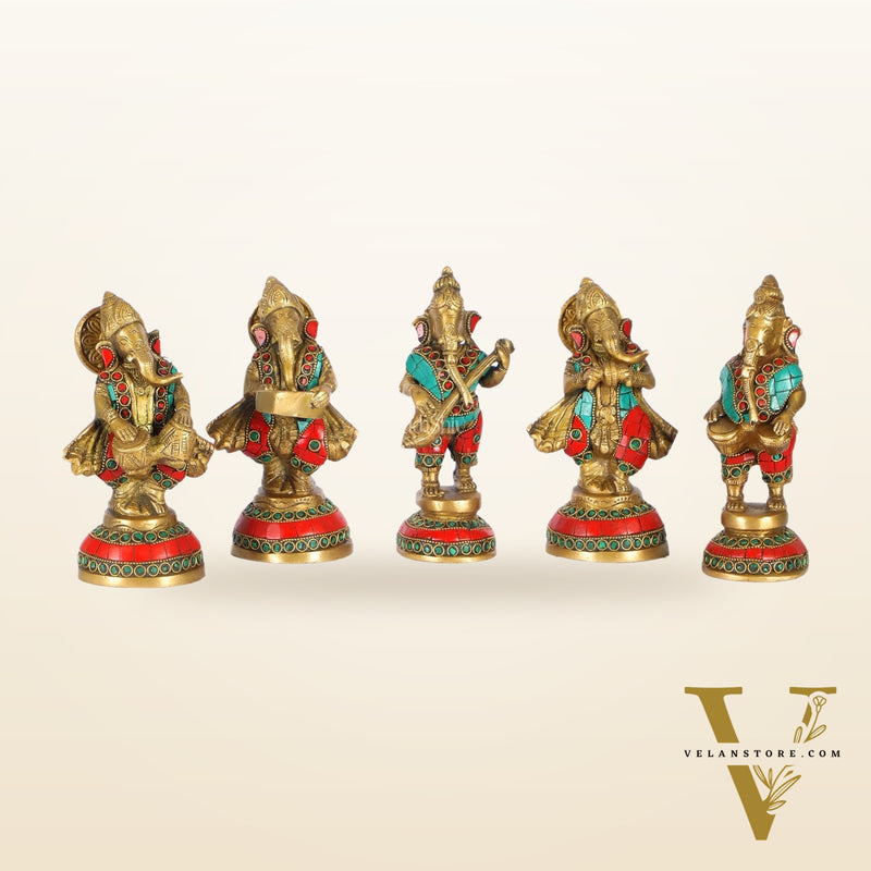 Set of 5 Musical Ganesha Idols - Playing Different Instruments 6"