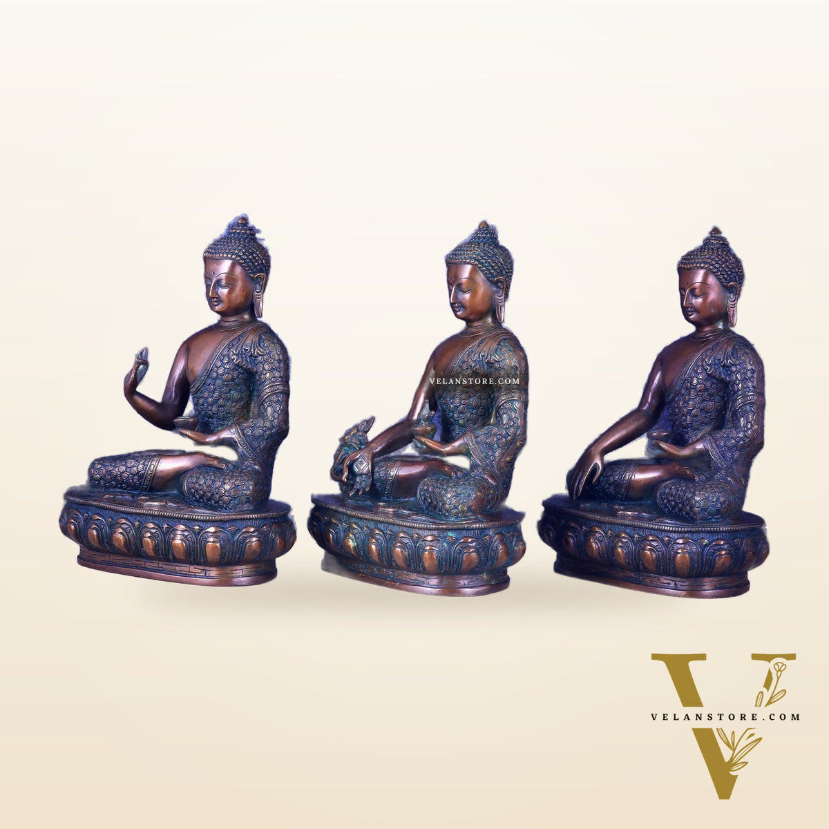 Set of Three Brass Buddha Statues –  13.5"