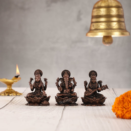 Set of Three Pure Copper Ganesha, Lakshmi, and Saraswati Idols - 2.5 Inch
