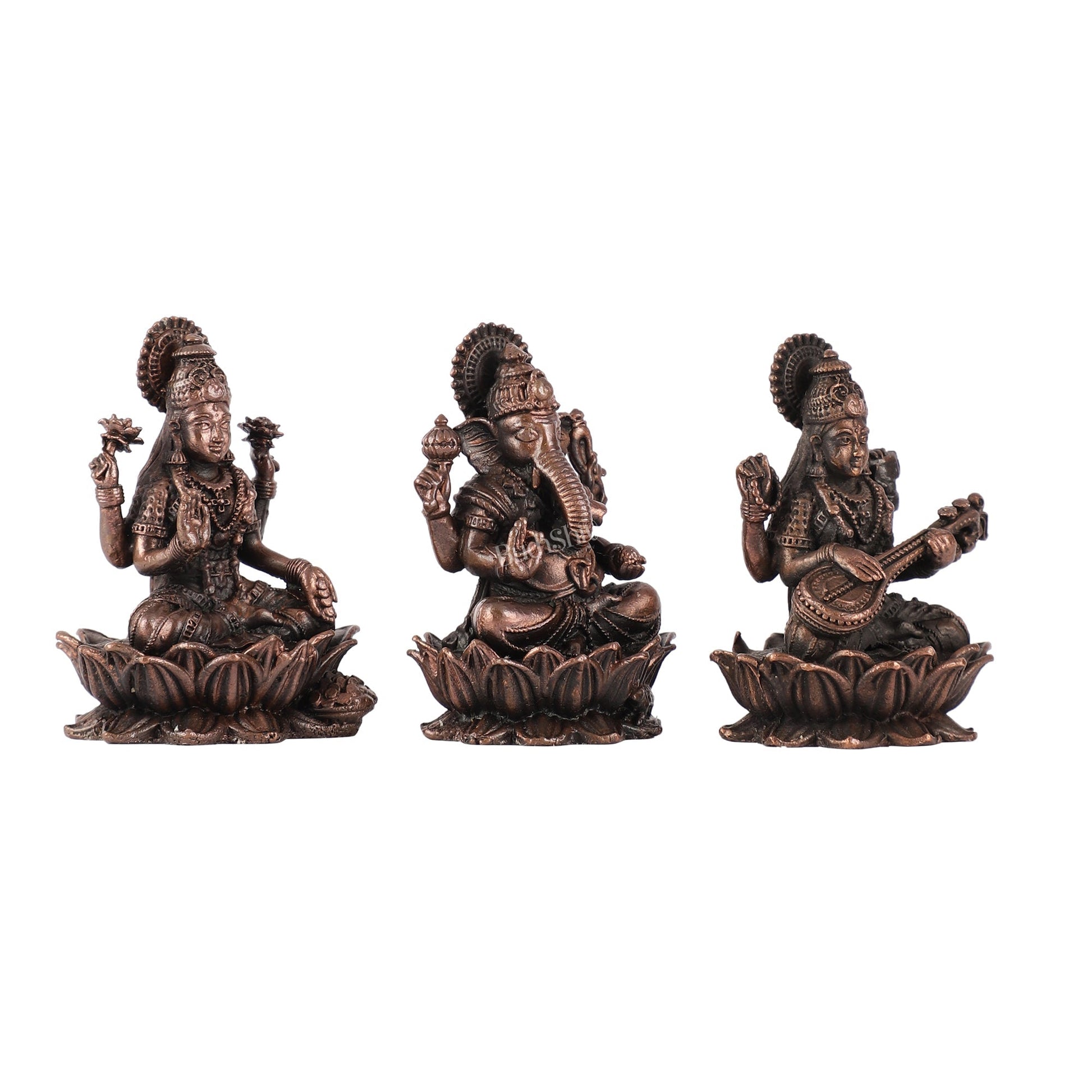 Set of Three Pure Copper Ganesha, Lakshmi, and Saraswati Idols - 2.5 Inch