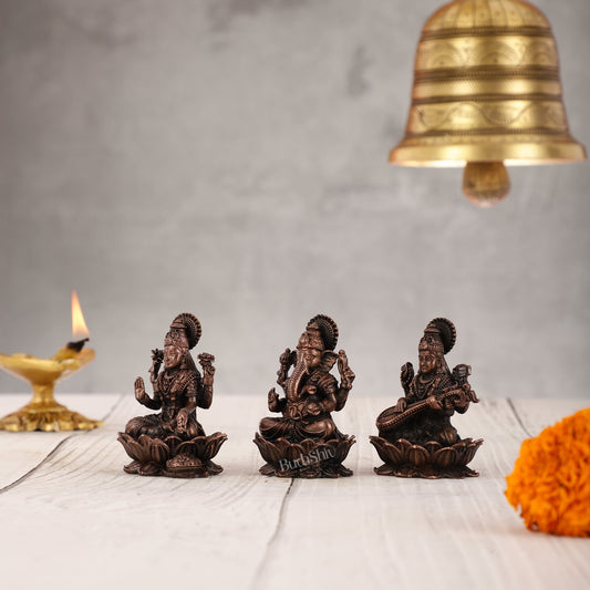 Set of Three Pure Copper Ganesha, Lakshmi, and Saraswati Idols - 2.5 Inch