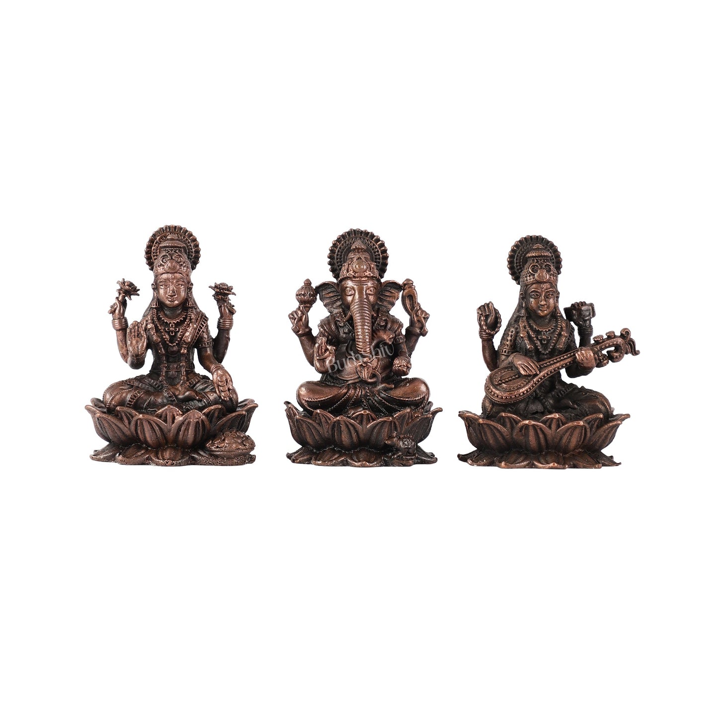 Set of Three Pure Copper Ganesha, Lakshmi, and Saraswati Idols - 2.5 Inch
