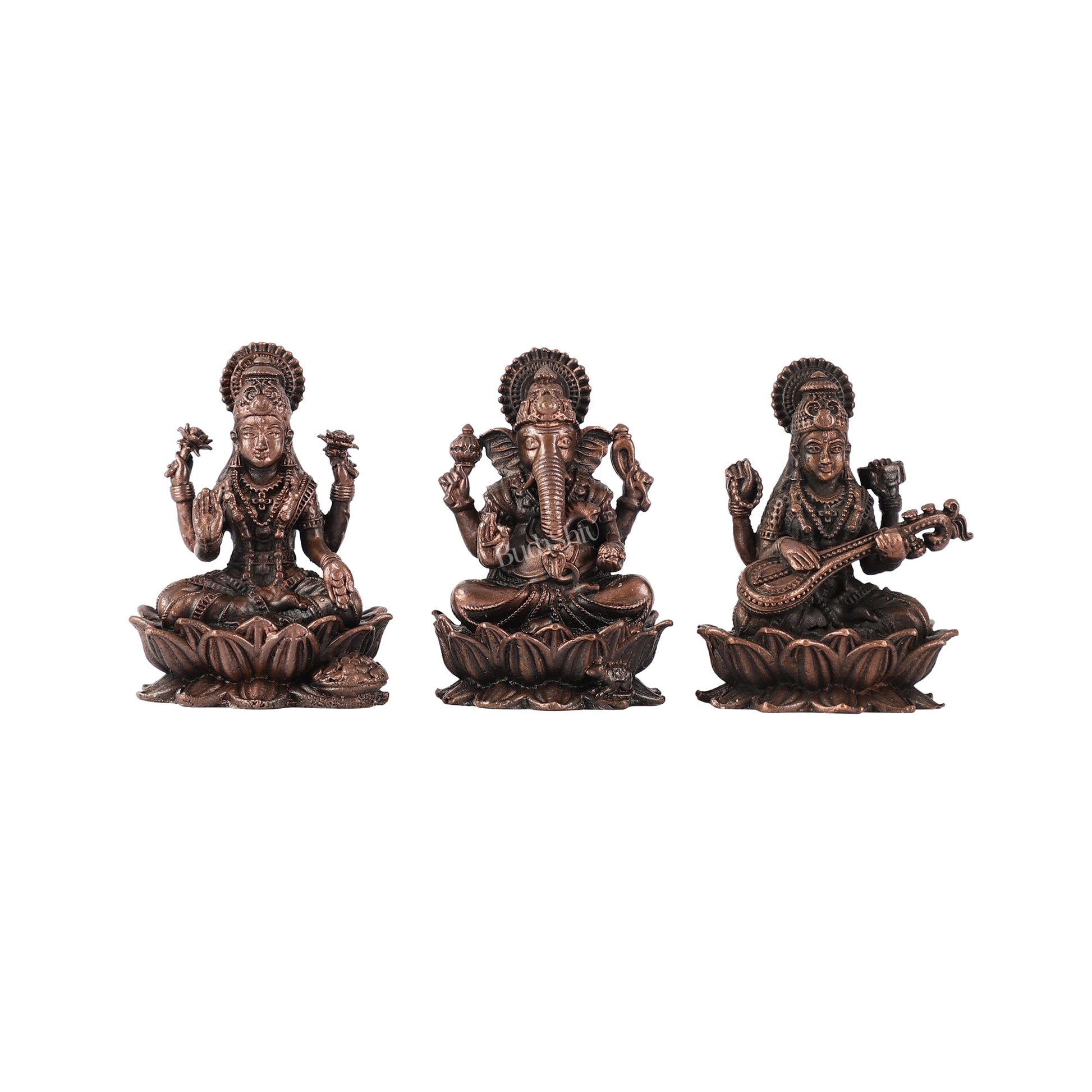 Set of Three Pure Copper Ganesha, Lakshmi, and Saraswati Idols - 2.5 Inch