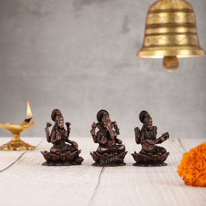 Set of Three Pure Copper Ganesha, Lakshmi, and Saraswati Idols - 2.5 Inch