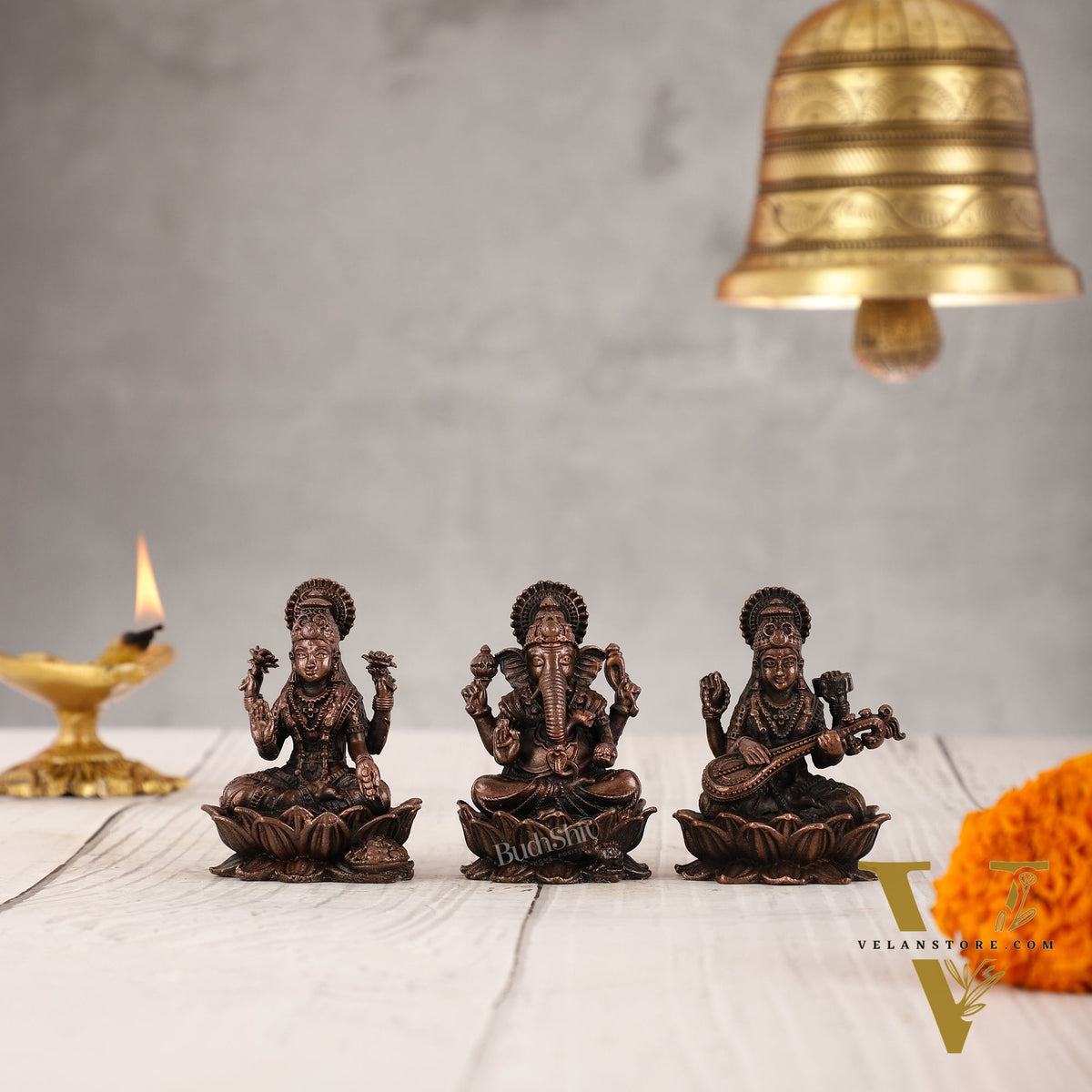 Set of Three Pure Copper Ganesha, Lakshmi, and Saraswati Idols - 2.5 Inch