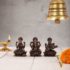 Set of Three Pure Copper Ganesha, Lakshmi, and Saraswati Idols - 2.5 Inch