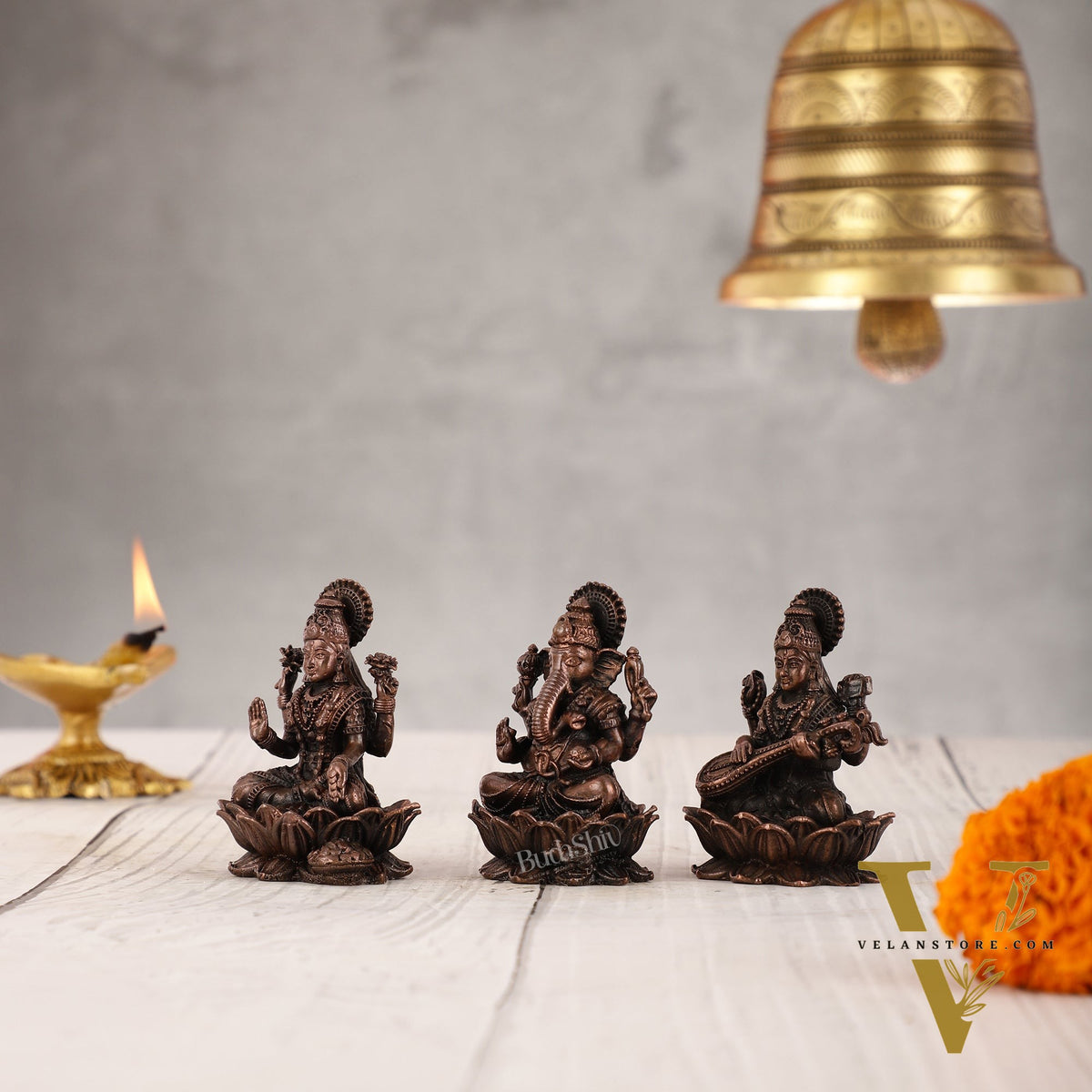 Set of Three Pure Copper Ganesha, Lakshmi, and Saraswati Idols - 2.5 Inch