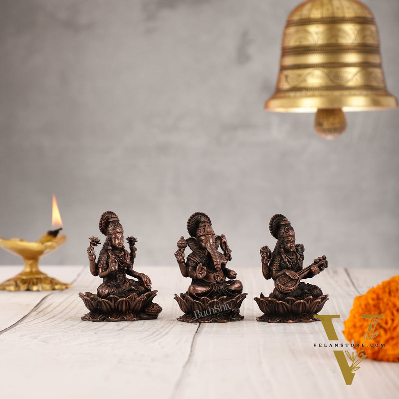 Set of Three Pure Copper Ganesha, Lakshmi, and Saraswati Idols - 2.5 Inch