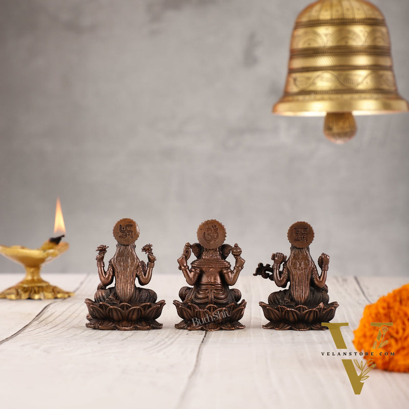 Set of Three Pure Copper Ganesha, Lakshmi, and Saraswati Idols - 2.5 Inch
