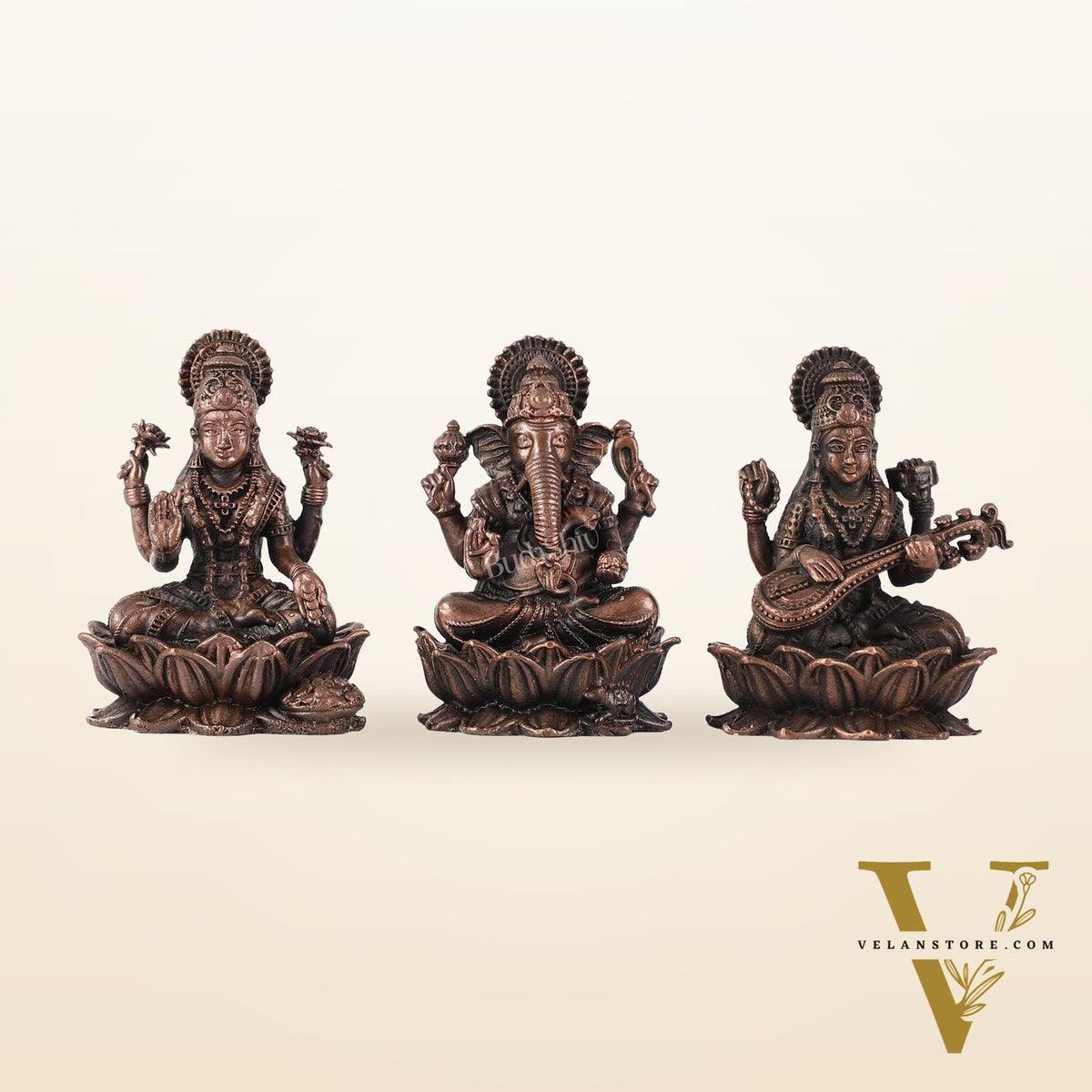 Set of Three Pure Copper Ganesha, Lakshmi, and Saraswati Idols - 2.5 Inch
