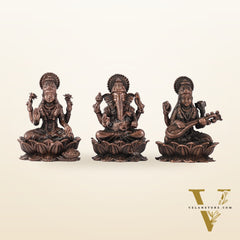 Set of Three Pure Copper Ganesha, Lakshmi, and Saraswati Idols - 2.5 Inch